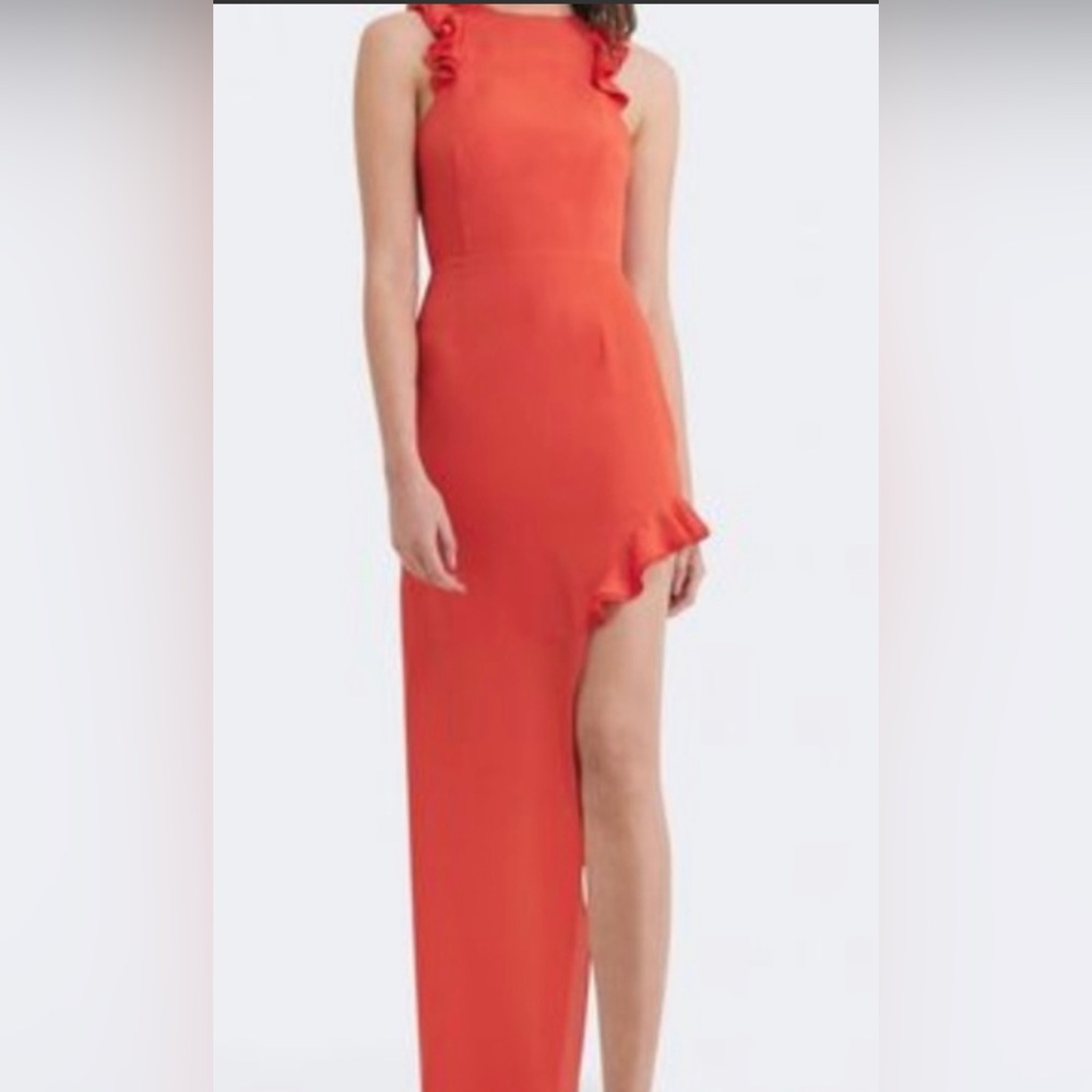 AQ/AQ Orange Red Asymmetrical Ruffled Sheath Dress 0